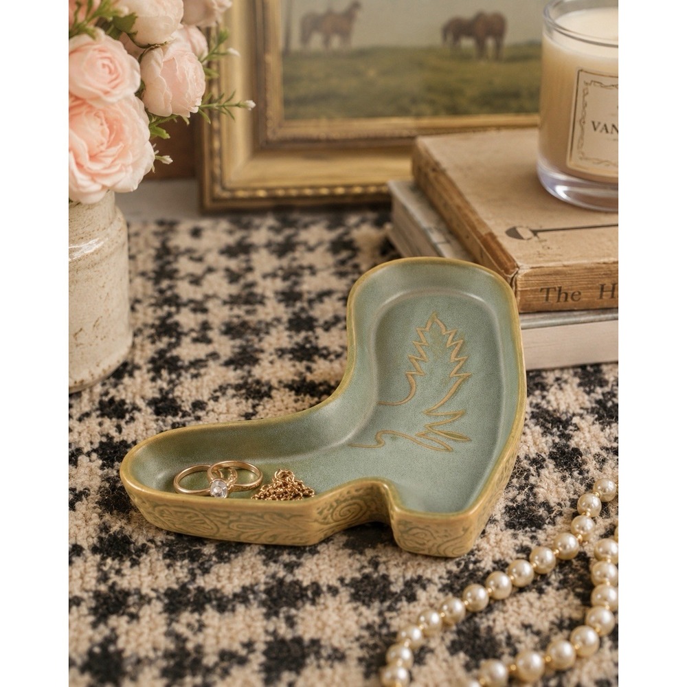 Cute VTG Green (crazing) 7" Cowboy Boot‎ Relish Trinket Dish W/ Embellished Side